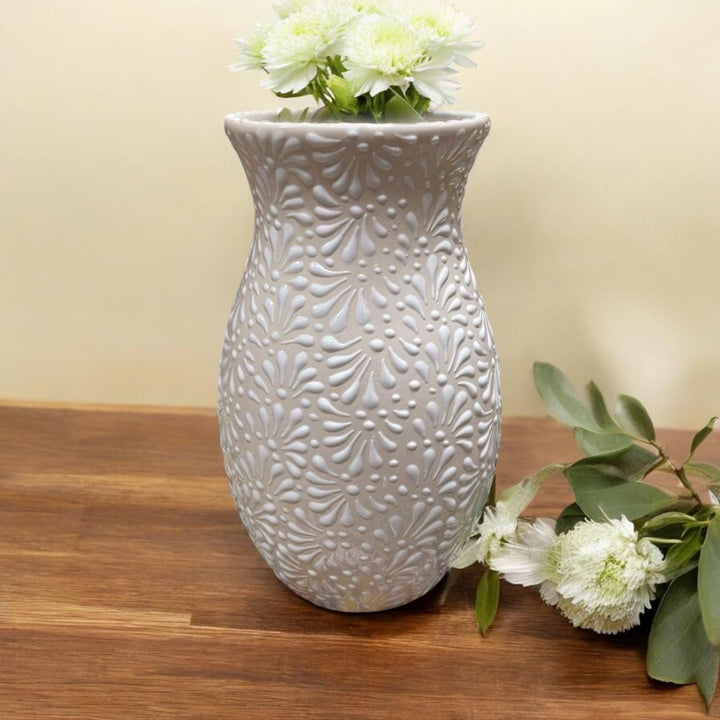 Hand Painted Ivory and White Talavera Flower Vase