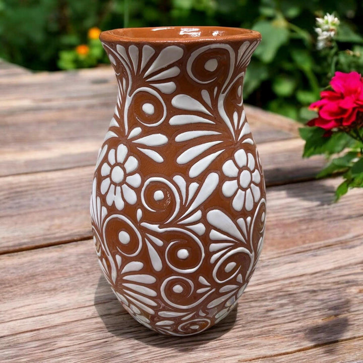 Hand Painted Talavera Brown and White Rustic Floral Vase