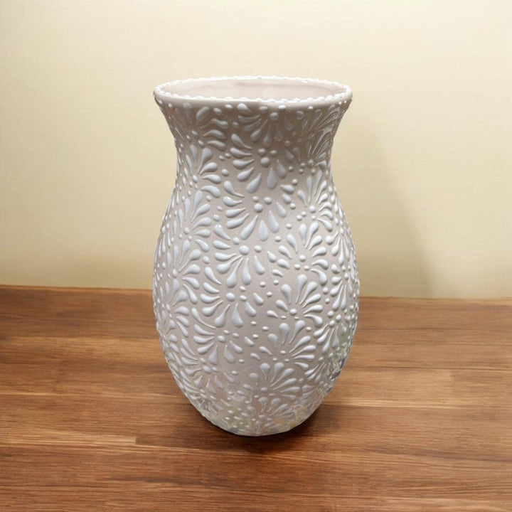 Hand Painted Ivory and White Talavera Flower Vase