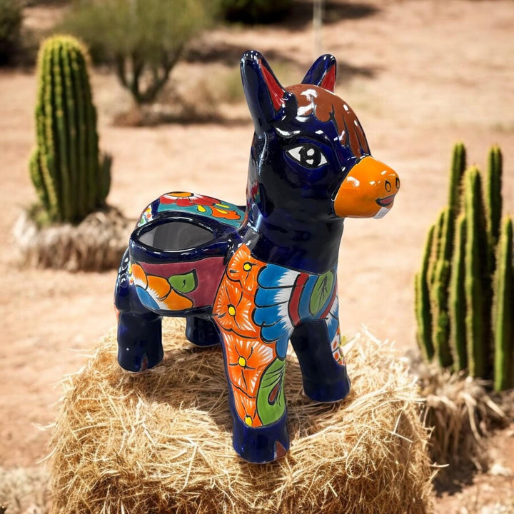Hand Painted Mexican Talavera Donkey Planter Pot – Assorted Colors (Varying Design)