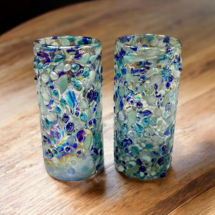 Hand Blown Mexican Blue & White Sheen Iridescent Shot Glass “Tequilero Estilo Océano” – Assorted Quantities