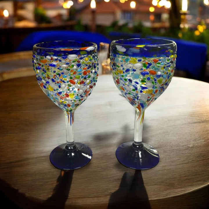 Hand Blown Mexican Colorful Pebble Blue Rim Wine Glass “Copa Vino de Piedritas” (Set of 2)