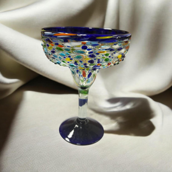 Hand Blown Mexican Colorful Pebble Blue Rim Margarita Glass “Copa Margarita de Piedritas” (Set of 2)