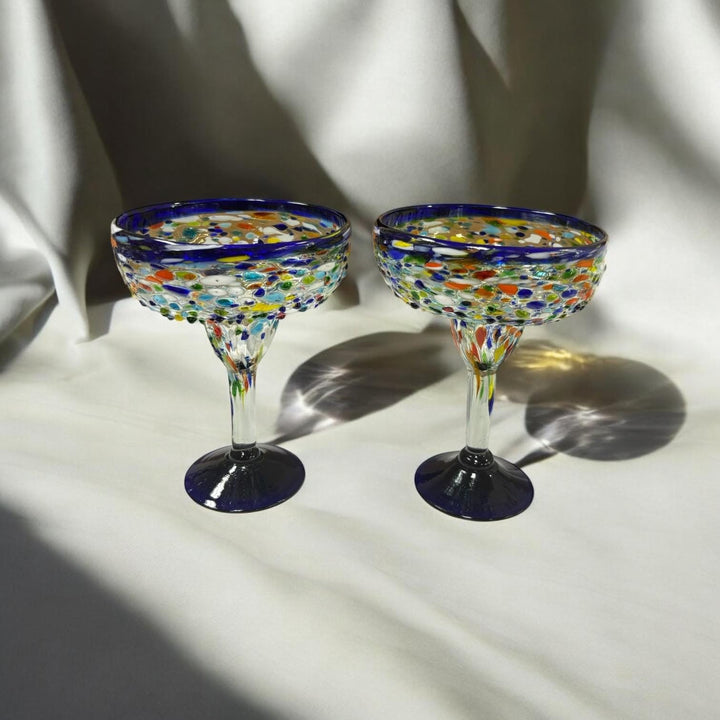 Hand Blown Mexican Colorful Pebble Blue Rim Margarita Glass “Copa Margarita de Piedritas” (Set of 2)