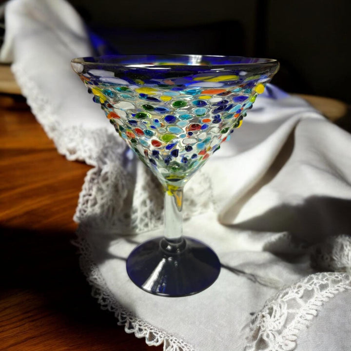 Hand Blown Mexican Colorful Pebble Blue Rim Martini Glass “Copa Martini de Piedritas” (Set of 2)