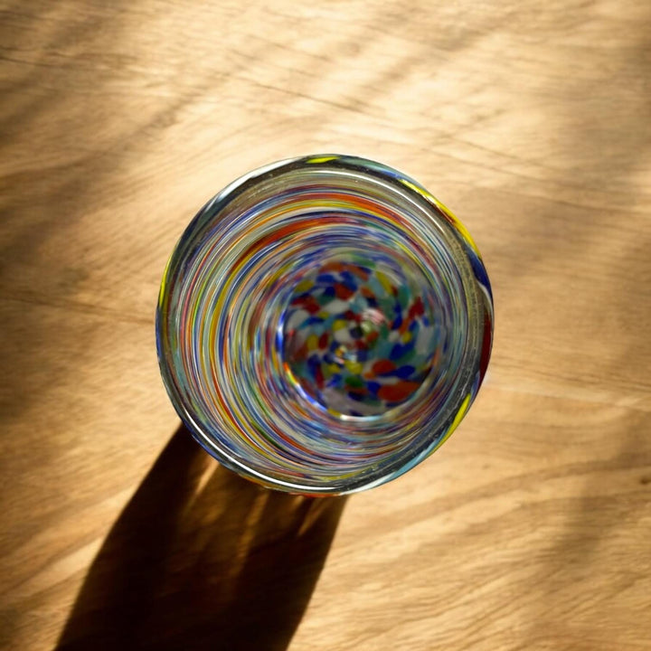 Hand Blown Mexican Colorful Swirl Large Tumbler Glass “Vaso Grande de Remolino Colorido” (Set of 2)