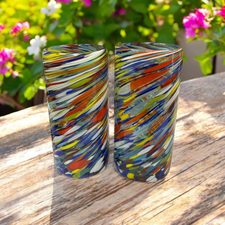 Hand Blown Mexican Colorful Swirl Large Tumbler Glass “Vaso Grande de Remolino Colorido” (Set of 2)