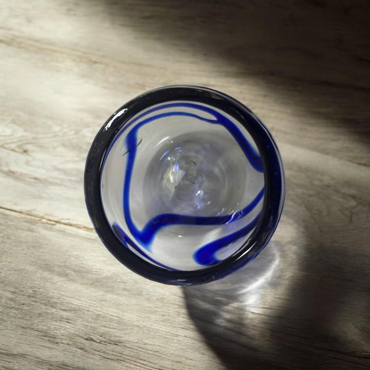 Hand Blown Mexican Blue Rim Blue Swirl Wine Tumbler Glass (Set of 2)