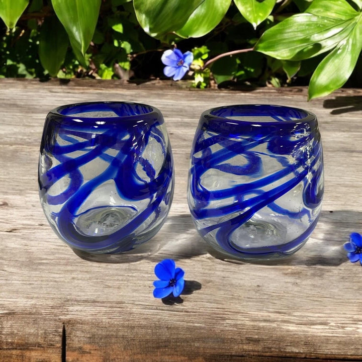 Hand Blown Mexican Blue Rim Blue Swirl Wine Tumbler Glass (Set of 2)