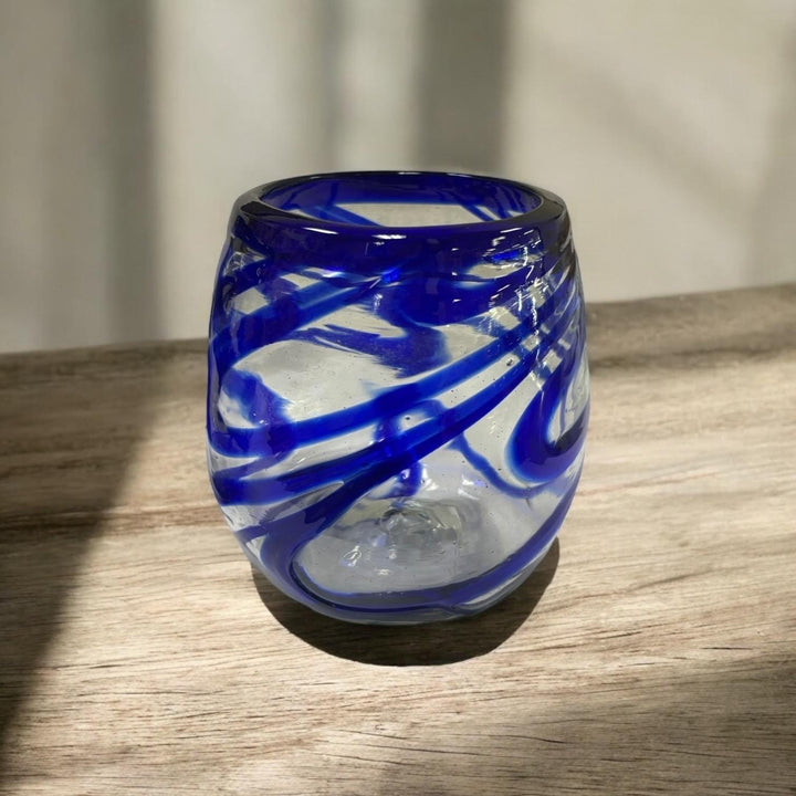 Hand Blown Mexican Blue Rim Blue Swirl Wine Tumbler Glass (Set of 2)