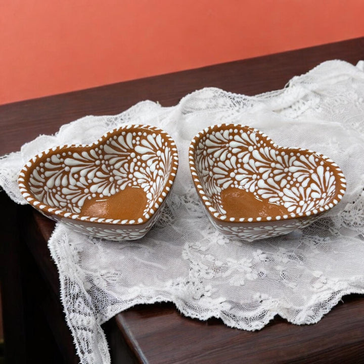 Hand Painted Talavera Brown and White Heart Cereal Bowl – Set of 2