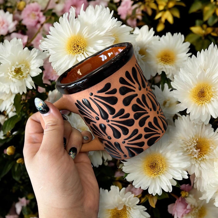 Hand Painted Clay Brown and Black Mexican Squoval Mug with Handle (Cielito Lindo Inspired) – Set of 2