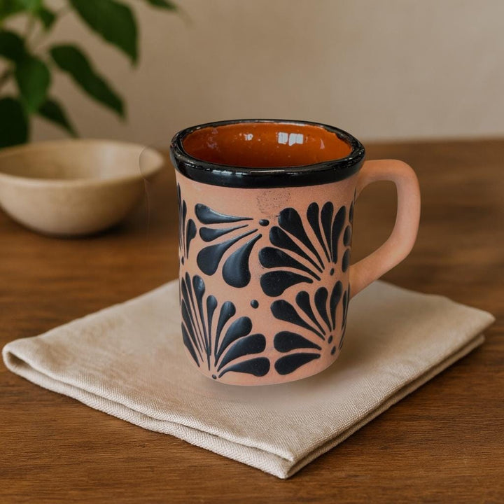 Hand Painted Clay Brown and Black Mexican Squoval Mug with Handle (Cielito Lindo Inspired) – Set of 2