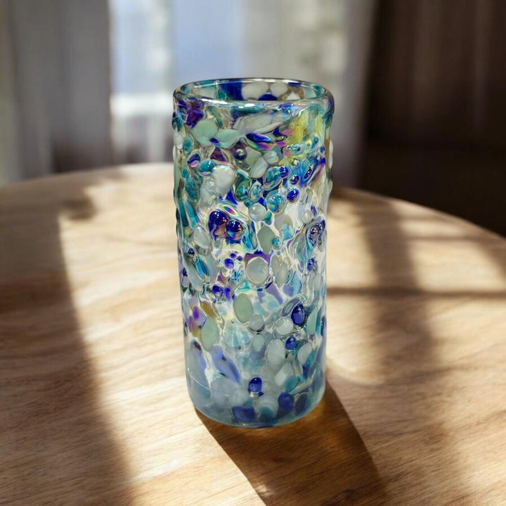 Hand Blown Mexican Blue & White Sheen Iridescent Shot Glass “Tequilero Estilo Océano” – Assorted Quantities