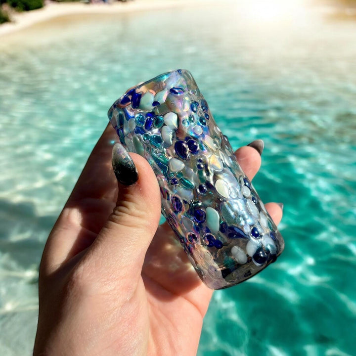 Hand Blown Mexican Blue & White Sheen Iridescent Shot Glass “Tequilero Estilo Océano” – Assorted Quantities