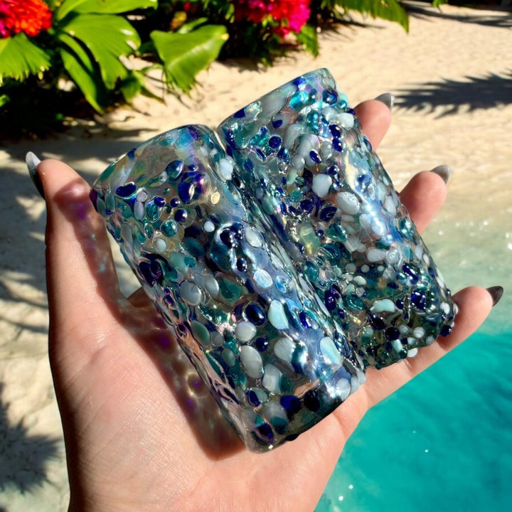 Hand Blown Mexican Blue & White Sheen Iridescent Shot Glass “Tequilero Estilo Océano” – Assorted Quantities