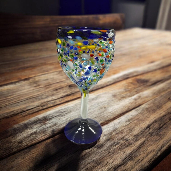 Hand Blown Mexican Colorful Pebble Blue Rim Wine Glass “Copa Vino de Piedritas” (Set of 2)