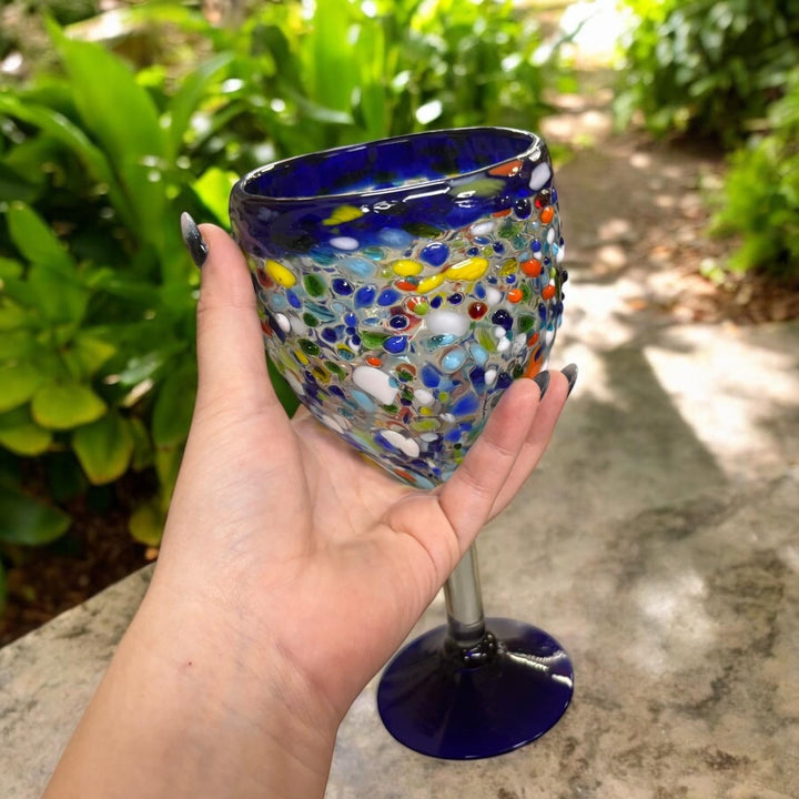 Hand Blown Mexican Colorful Pebble Blue Rim Wine Glass “Copa Vino de Piedritas” (Set of 2)