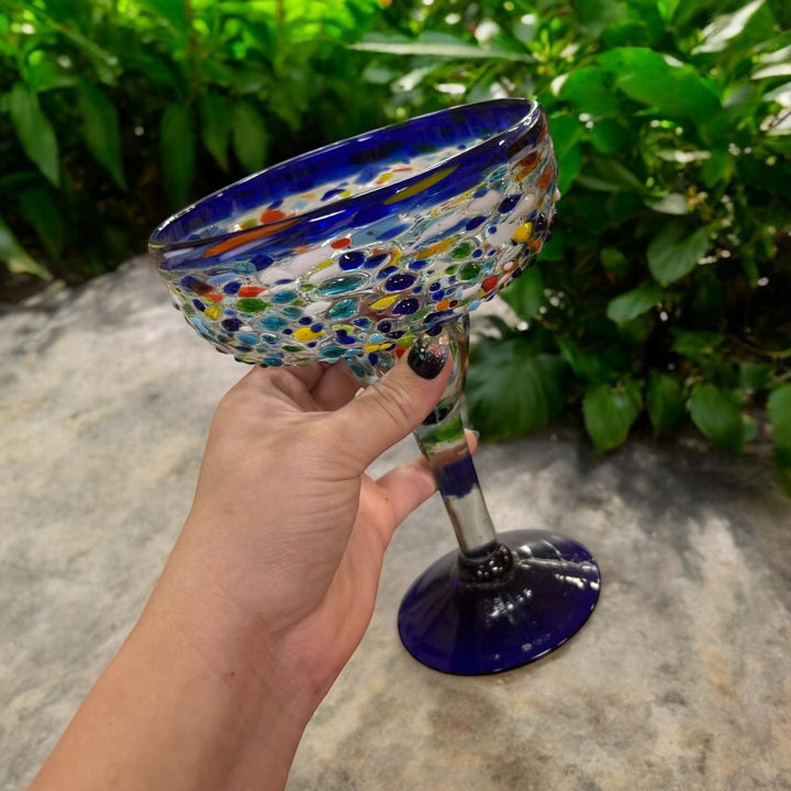 Hand Blown Mexican Colorful Pebble Blue Rim Margarita Glass “Copa Margarita de Piedritas” (Set of 2)