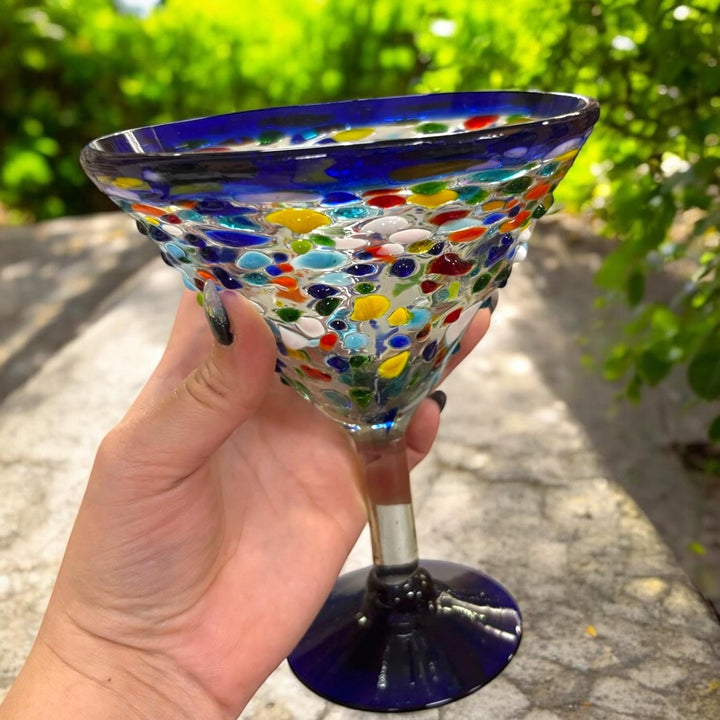 Hand Blown Mexican Colorful Pebble Blue Rim Martini Glass “Copa Martini de Piedritas” (Set of 2)