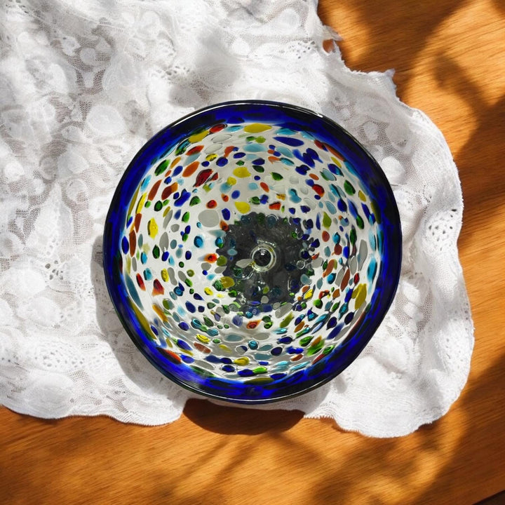 Hand Blown Mexican Colorful Pebble Blue Rim Martini Glass “Copa Martini de Piedritas” (Set of 2)