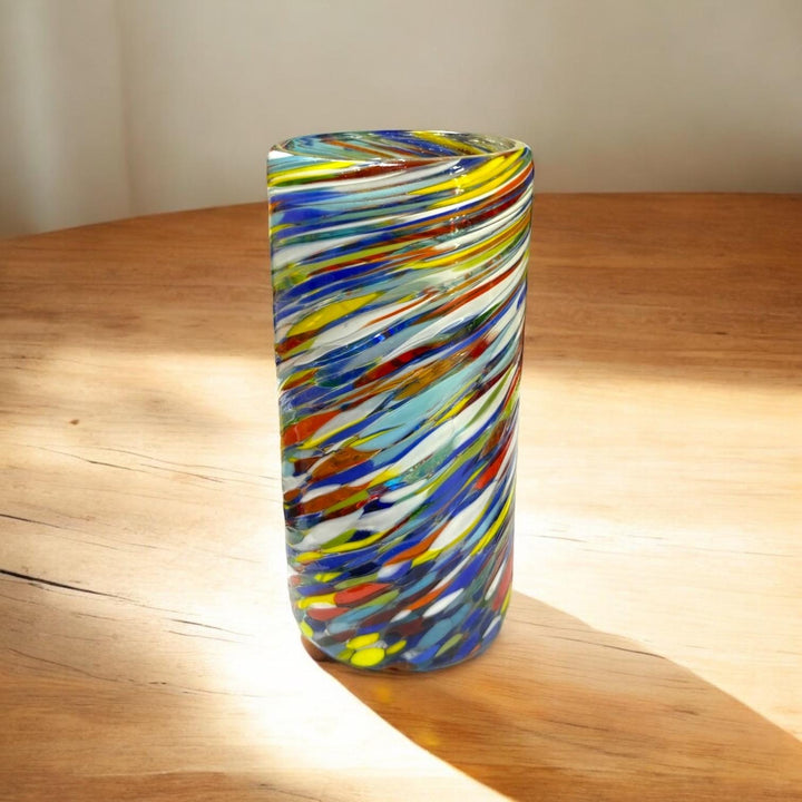 Hand Blown Mexican Colorful Swirl Large Tumbler Glass “Vaso Grande de Remolino Colorido” (Set of 2)