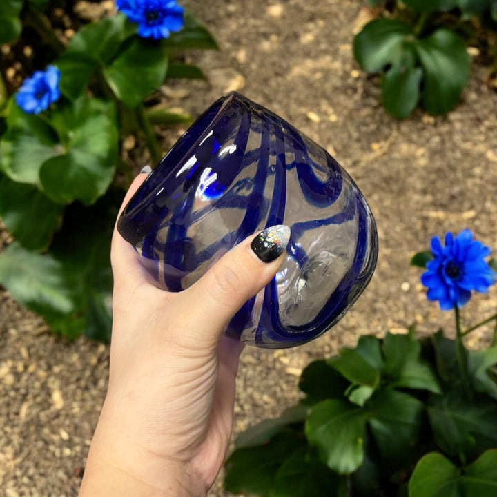 Hand Blown Mexican Blue Rim Blue Swirl Wine Tumbler Glass (Set of 2)