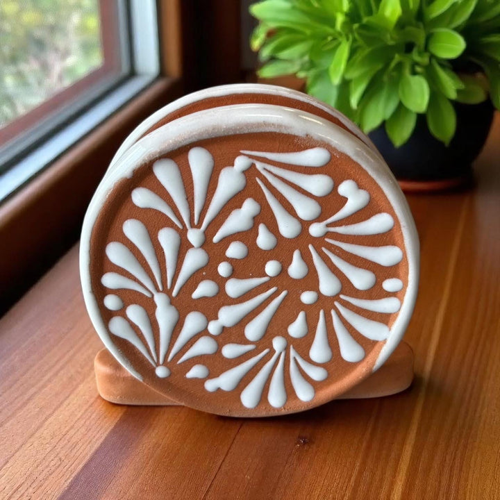 Hand Painted Mexican Rustic Round Brown & White Napkin Holder (Cielito Lindo Inspired) – Varying Design