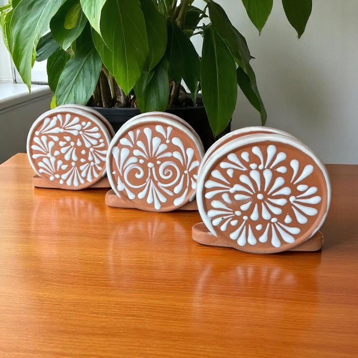 Hand Painted Mexican Rustic Round Brown & White Napkin Holder (Cielito Lindo Inspired) – Varying Design