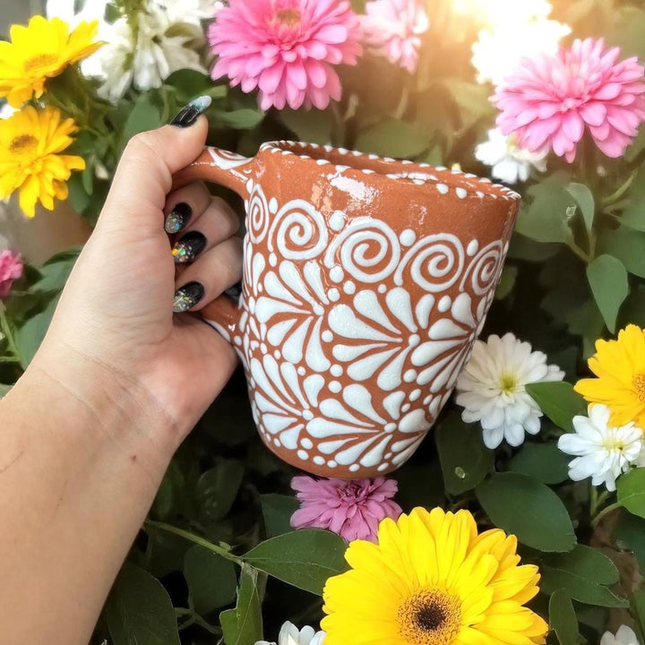 Hand Painted Talavera Rustic Brown and White Standard Coffee Mug (Cielito Lindo Inspired) – Set of 2