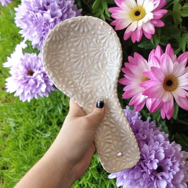 Hand Painted Ivory and White Mexican Spoon Rest (Cielito Lindo Inspired)