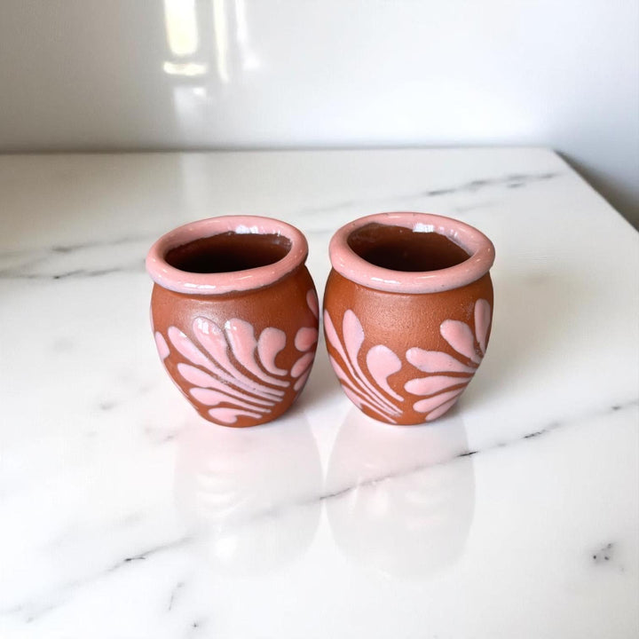 Hand Painted Mexican Brown Clay and Pink Rustic Shot Glass (Cielito Lindo Inspired) – Assorted Quantities