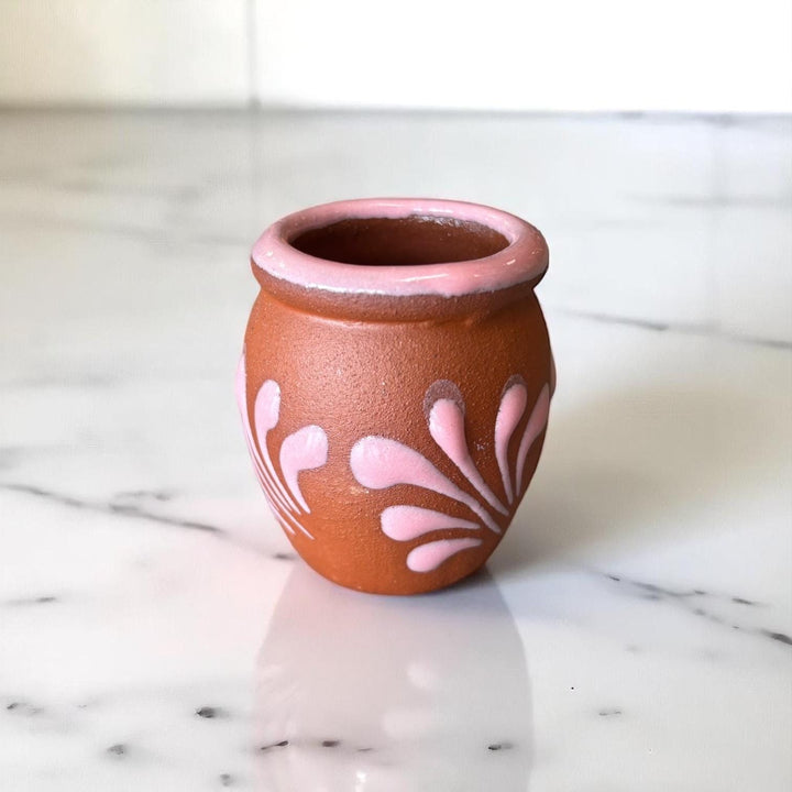 Hand Painted Mexican Brown Clay and Pink Rustic Shot Glass (Cielito Lindo Inspired) – Assorted Quantities