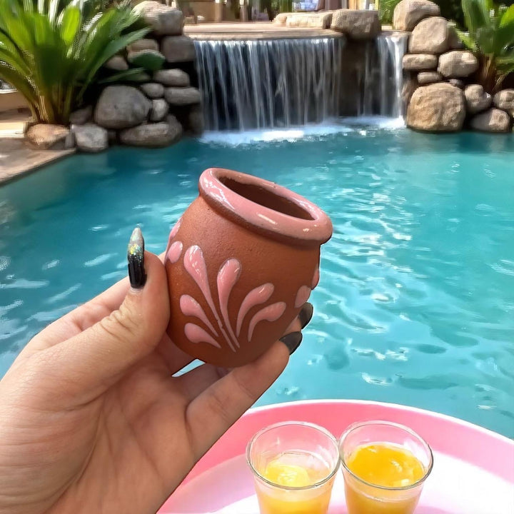 Hand Painted Mexican Brown Clay and Pink Rustic Shot Glass (Cielito Lindo Inspired) – Assorted Quantities