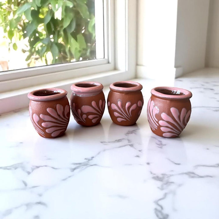 Hand Painted Mexican Brown Clay and Pink Rustic Shot Glass (Cielito Lindo Inspired) – Assorted Quantities