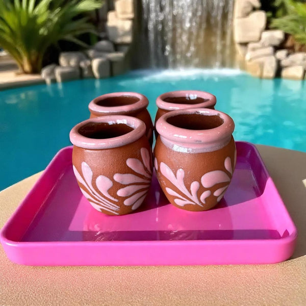 Hand Painted Mexican Brown Clay and Pink Rustic Shot Glass (Cielito Lindo Inspired) – Assorted Quantities