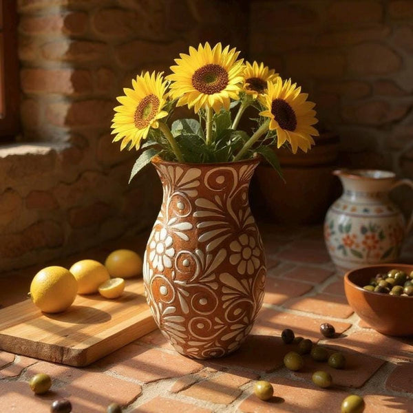 Hand Painted Talavera Brown and White Rustic Floral Vase