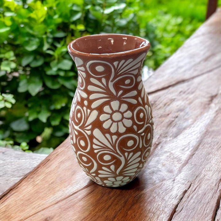 Hand Painted Talavera Brown and White Rustic Floral Vase
