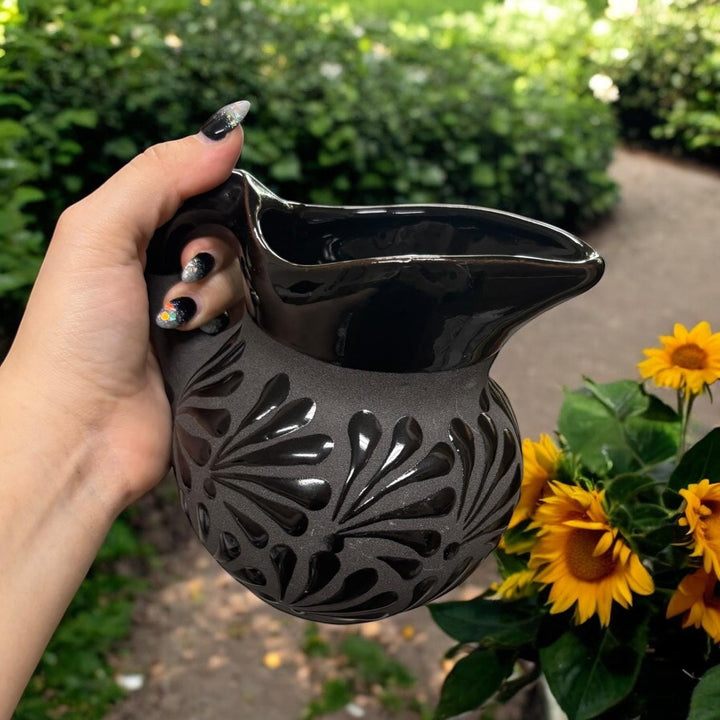 Hand Painted Mexican Black Clay Milk Creamer Small Pitcher — Cielito Lindo Inspired