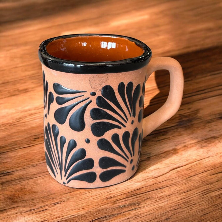 Hand Painted Clay Brown and Black Mexican Squoval Mug with Handle (Cielito Lindo Inspired) – Set of 2