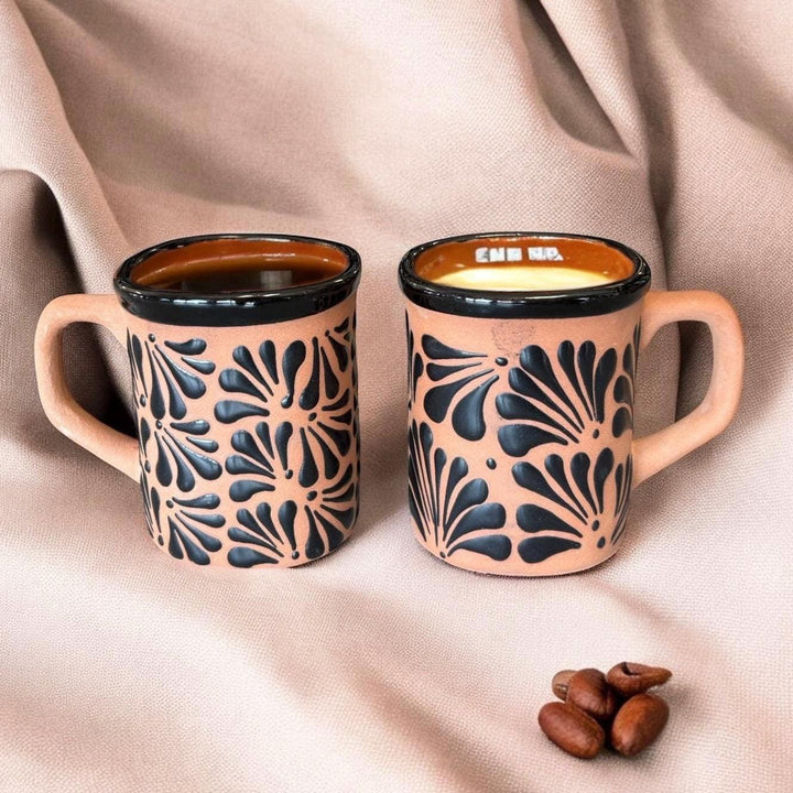 Hand Painted Clay Brown and Black Mexican Squoval Mug with Handle (Cielito Lindo Inspired) – Set of 2