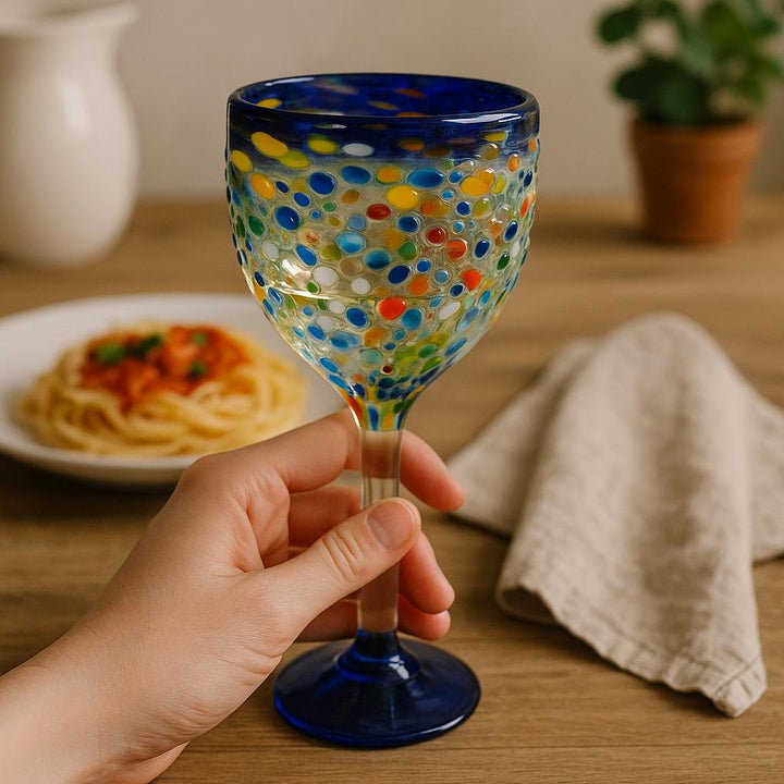 Hand Blown Mexican Colorful Pebble Blue Rim Wine Glass “Copa Vino de Piedritas” (Set of 2)