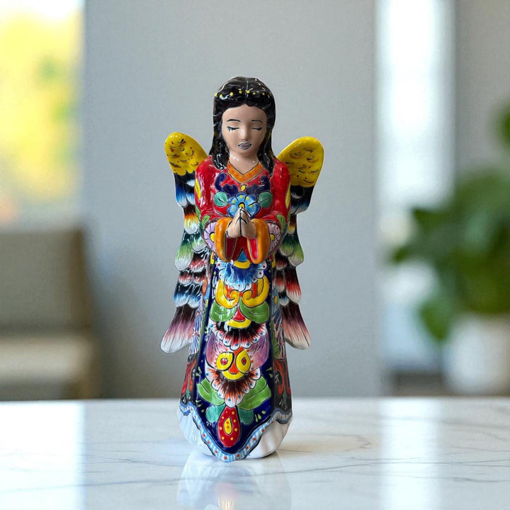 Beautiful Hand Painted Mexican Talavera Praying Guardian Angel Sculpture (Varying Design)
