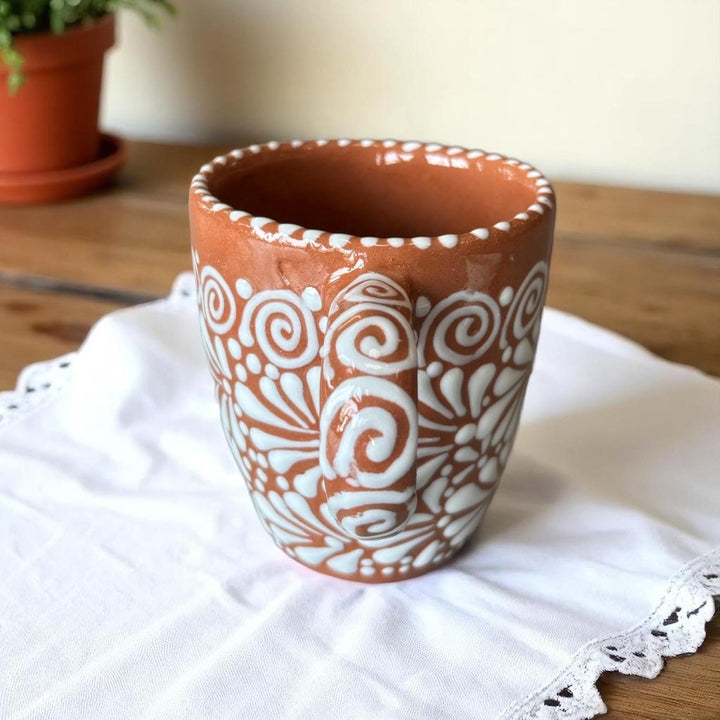 Hand Painted Talavera Rustic Brown and White Standard Coffee Mug (Cielito Lindo Inspired)