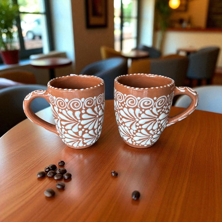 Hand Painted Talavera Rustic Brown and White Standard Coffee Mug (Cielito Lindo Inspired) – Set of 2