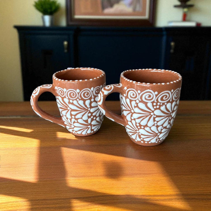 Hand Painted Talavera Rustic Brown and White Standard Coffee Mug (Cielito Lindo Inspired) – Set of 2