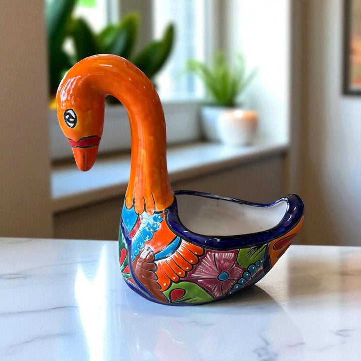 Hand Painted Mexican Talavera Orange Swan Planter Pot (Varying Design)