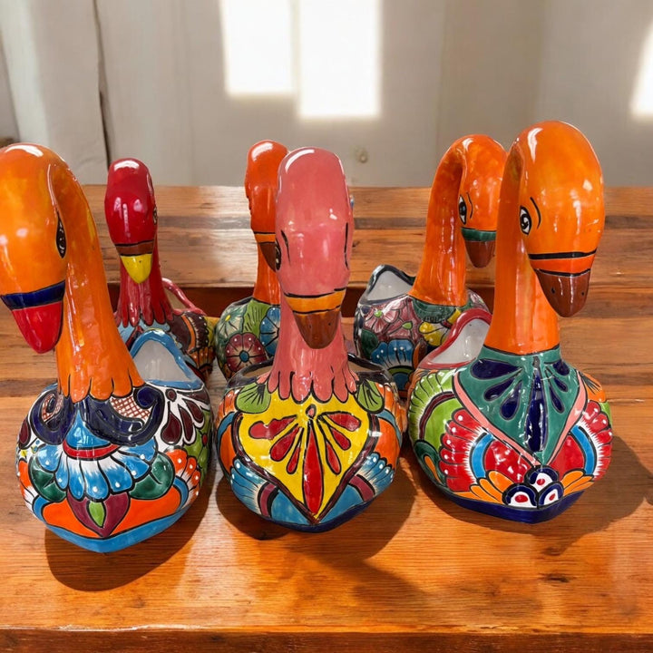 Hand Painted Mexican Talavera Orange Swan Planter Pot (Varying Design)