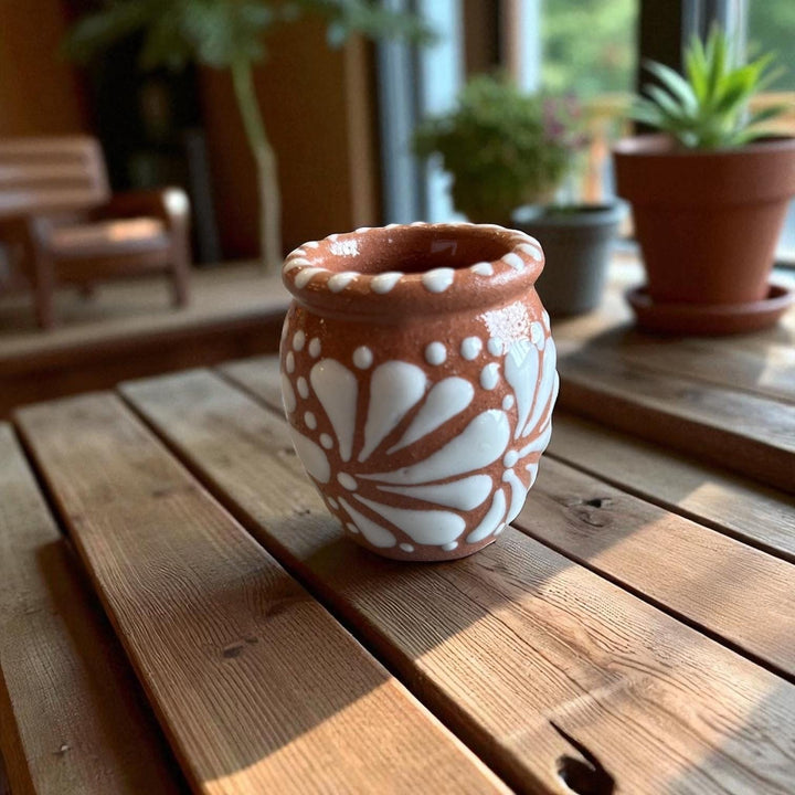 Hand Painted Mexican Talavera Brown and White Rustic Barrel Shot Glass (Cielito Lindo Inspired) – Assorted Quantities