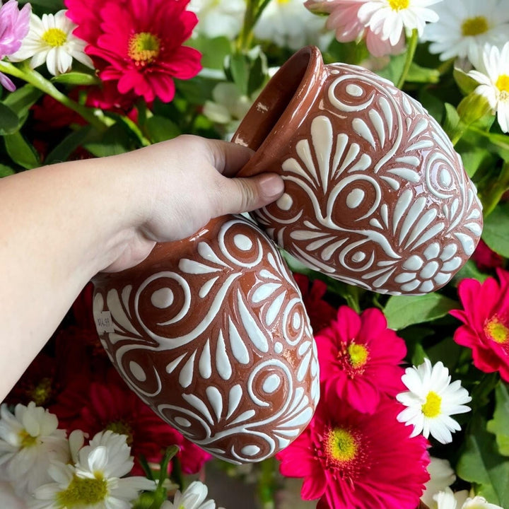 Hand Painted Talavera Brown and White Large Rustic Cantarito – Assorted Quantities